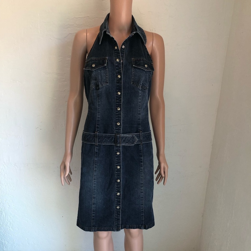 Vintage Moda International Dark Wash Denim Button-Front Halter Dress Women’s 6